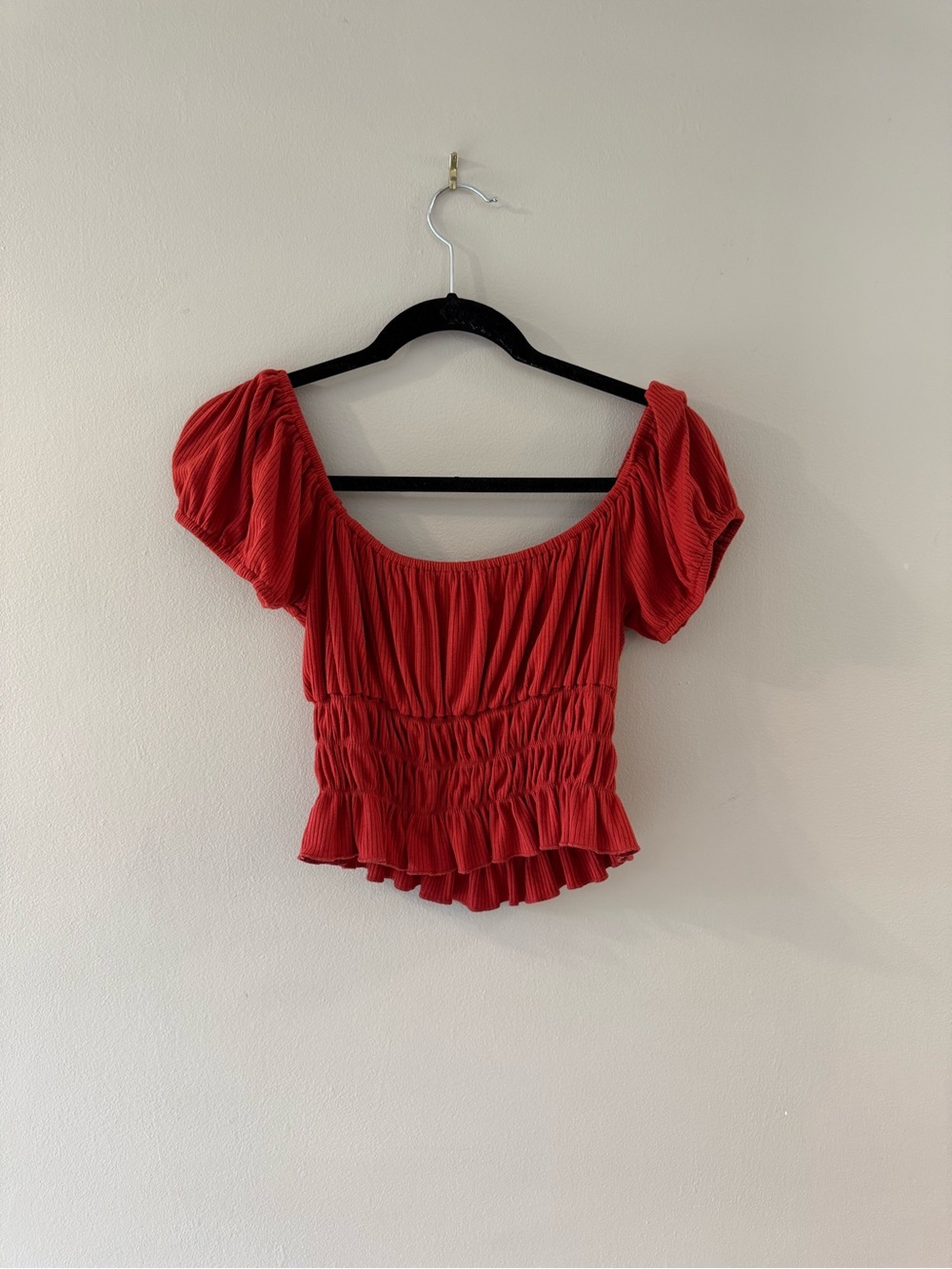 Red Ruched Puff-Sleeve Women's Top